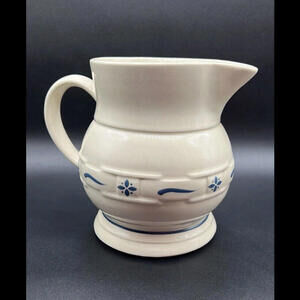 1991 Longaberger Pottery Pitcher One Quart Woven Traditions Navy Blue Beige 6”